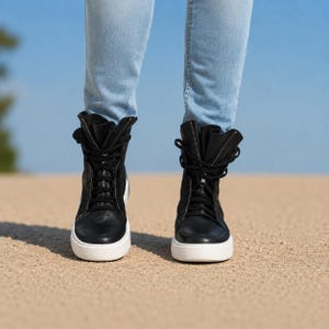 Men’s Black Leather Sneaker Boots, High Top Leather Sneakers, Handmade Designer Sneakers, Casual Leather Boots for Men image 2