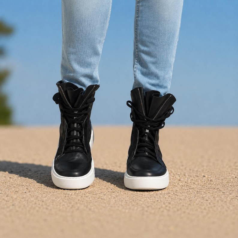 Men’s Black Leather Sneaker Boots, High Top Leather Sneakers, Handmade Designer Sneakers, Casual Leather Boots for Men image 2
