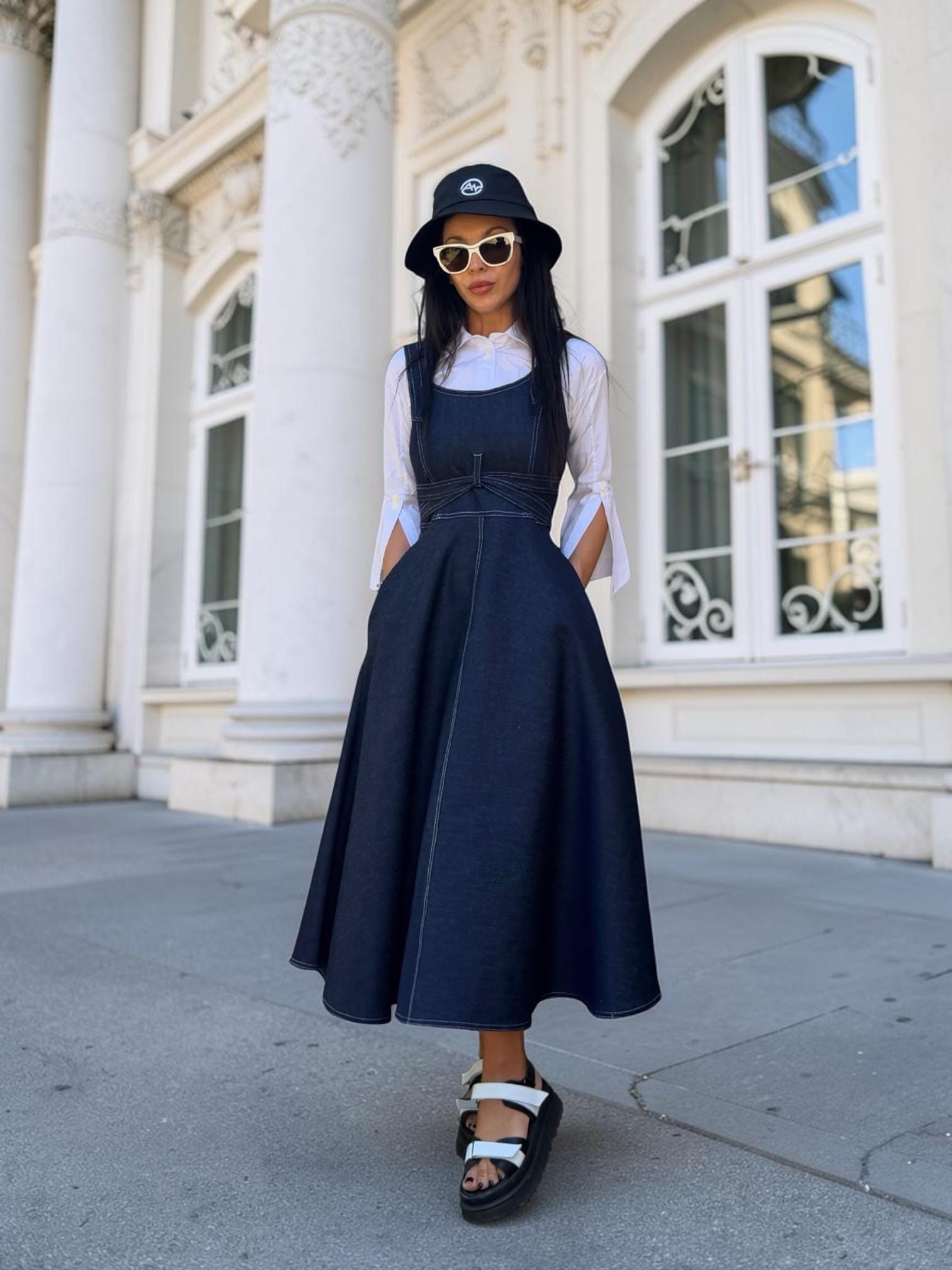 denim overall skater dress Size:6 (PREORDER SHIPS IN APPROX 6 WEEKS) XOXO Womens Black Cutout wide dresser Blue denim this denim maxi is