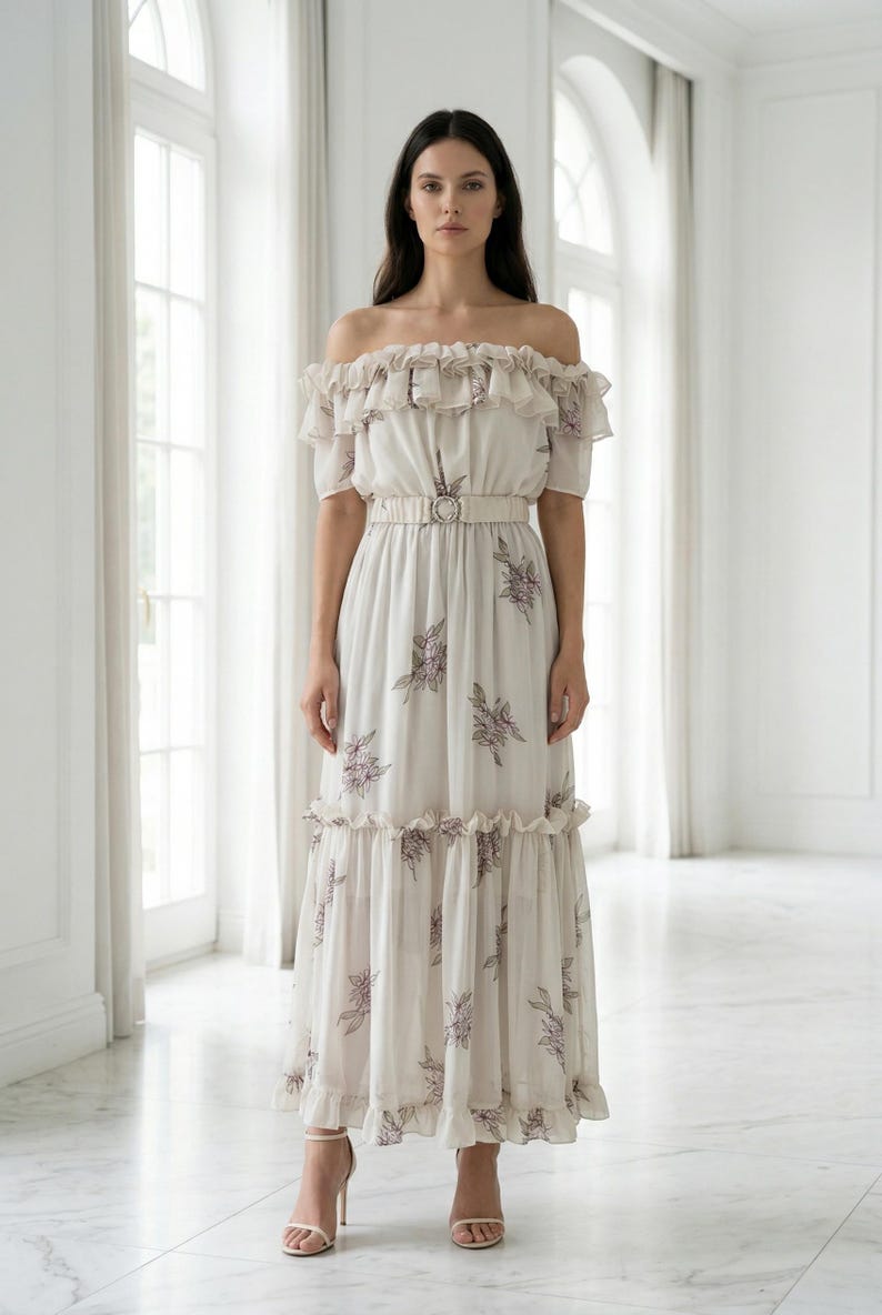 Chiffon Maxi Dress Floral Dress Off Shoulder Dress Boho Wedding Guest Dress Romantic Dress Elegant Summer Dress image 4