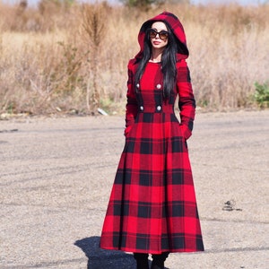 Red Plaid Wool Coat with Hood – Long Winter Overcoat – Women’s Full Length Wool Trench – Elegant Checkered Maxi Coat
