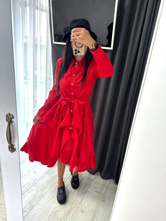 Red Flared Shirt Dress With Sleeves Loose Fit Cotton Oversized Dress Casual Button Down Summer Dress for Women - Etsy Israel Red Flared Shirt Dress With Sleeves Loose Fit Cotton Oversized Dress Casual Button Down Summer Dress for Women - Etsy Israel