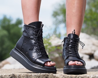 Botas de piel con punta abierta para mujer, sandalias de piel para mujer, botas de verano de piel auténtica, zapatos steampunk, sandalias góticas, botas peep toe