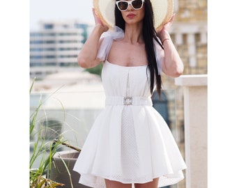 White Cotton Mini Summer Dress – Sleeveless Strappy Dress with Removable Belt – Fitted Above-Knee Casual Dress for Women