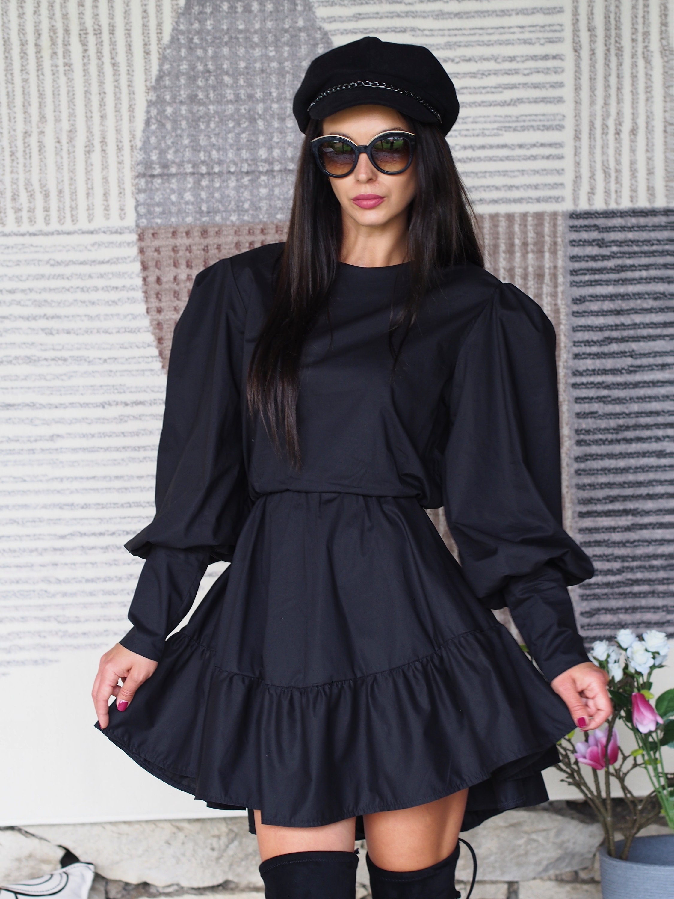 Elegant Black Puff Sleeve Mini Dress - Long Sleeve A-Line Ruffle Dress - Gothic Chic Party Dress