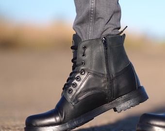 Handmade Black Leather Military Boots – Lace up Combat  display picture 1