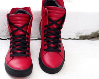 Red genuine leather sneakers,women genuine leather sneakers,extrvagant red leather sneakers