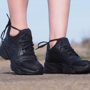 Women Genuine leather sneakers,Black Genuine leather sneakers,Extravagant Black leather Sneakers,Women sneakers by Adrenaline