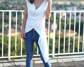 woman asymmetric tunic/white asymmetric top/woman summer top/asymmetric draped tunic/asymmetric draped top