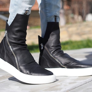 Men&#39;s Genuine leather Sneakers Boots,Mens Leather boots,Black leather boots for mens,Handmade boots,Men leather boots,Men&#39;s Casual boots