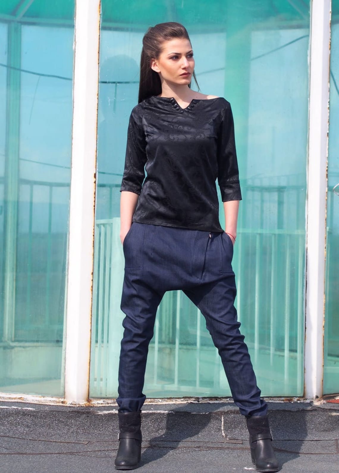 Women Drop Crotch Pants/denim Drop Crotch Pants/loose Casual | Etsy