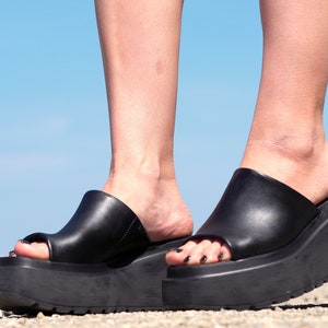 Women genuine leather wedges sandals,Black Leather sandals,Women platform sandals,Women open toe wedges,Leather Wedges sandals for women image 4