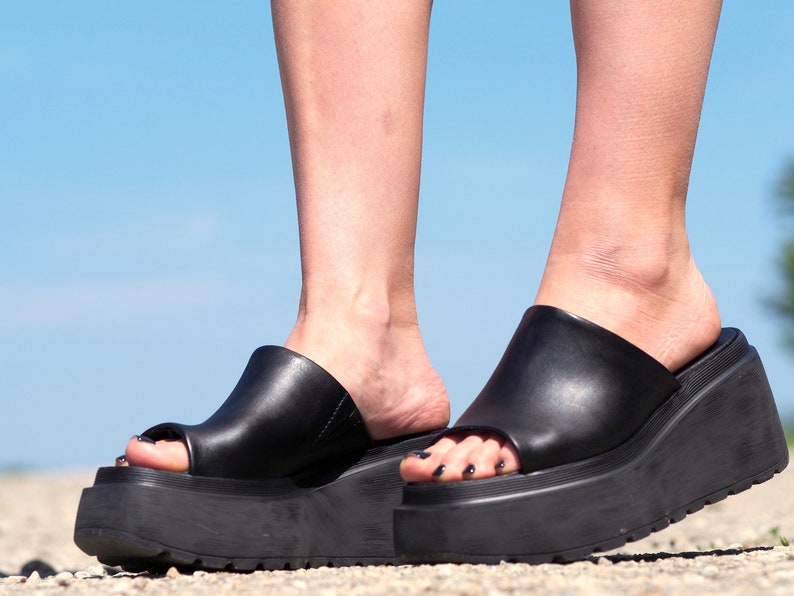Women genuine leather wedges sandals,Black Leather sandals,Women platform sandals,Women open toe wedges,Leather Wedges sandals for women image 4