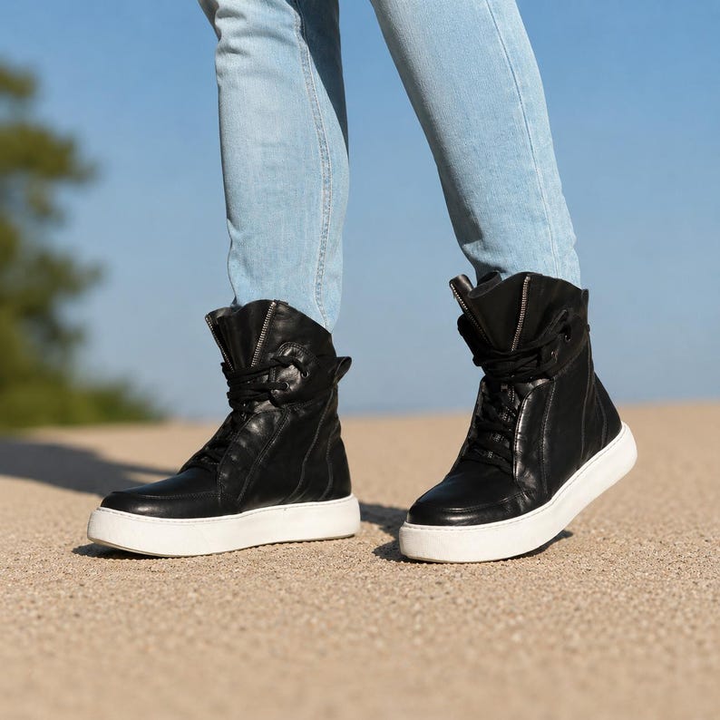 Men’s Black Leather Sneaker Boots, High Top Leather Sneakers, Handmade Designer Sneakers, Casual Leather Boots for Men image 12