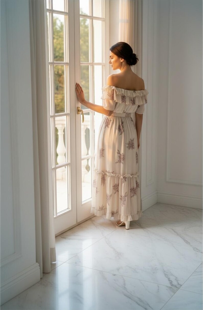 May include: A cream-colored off-the-shoulder maxi dress with a floral pattern. The dress features ruffled detailing and a tiered skirt. The woman is standing near a white door with a gold handle, and the floor is marble.