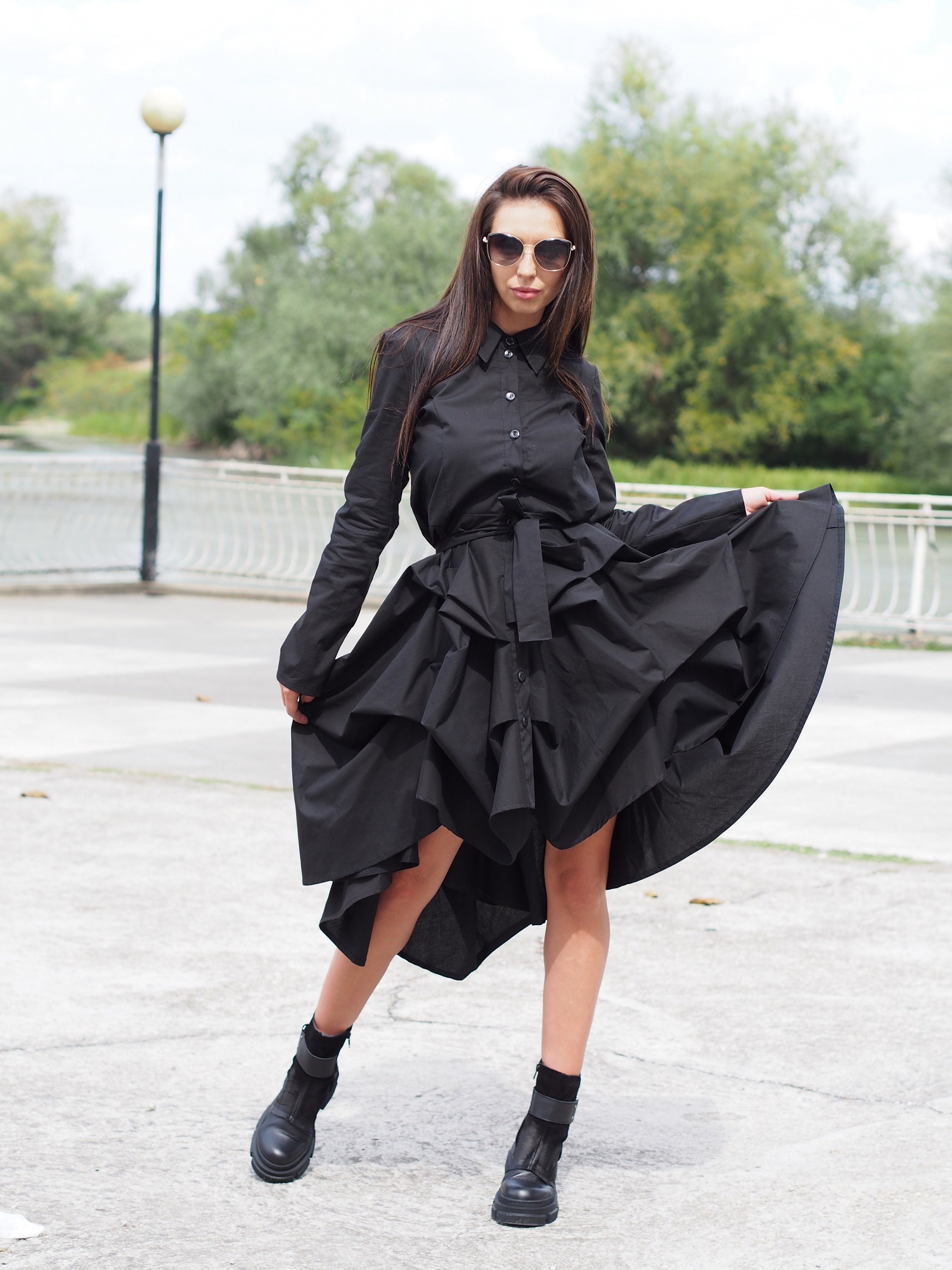 black flared shirt dress Black Midi Shirtdress, Black wool dress, Black evening dress, long wool dress, minimalist clothing, Black tunic, didress