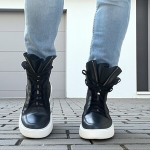 Men’s Black Leather Sneaker Boots, High Top Leather Sneakers, Handmade Designer Sneakers, Casual Leather Boots for Men image 9