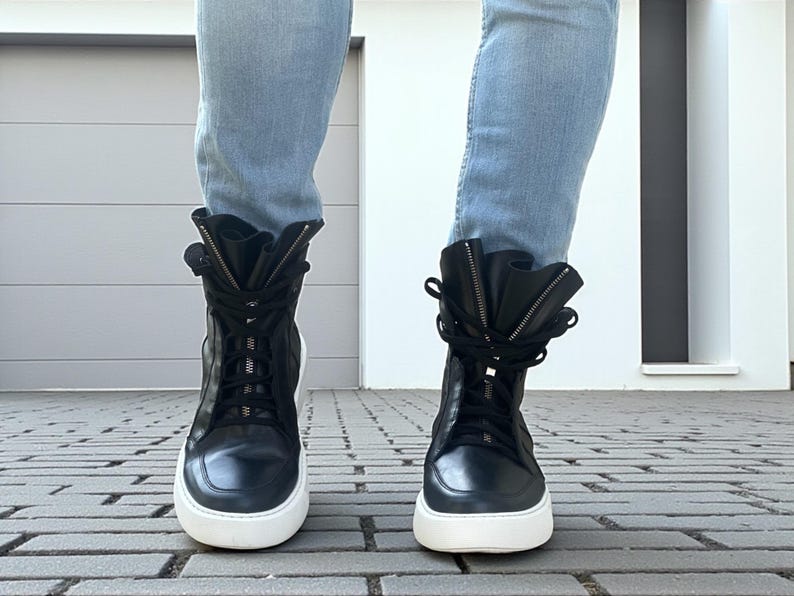 Men’s Black Leather Sneaker Boots, High Top Leather Sneakers, Handmade Designer Sneakers, Casual Leather Boots for Men image 9