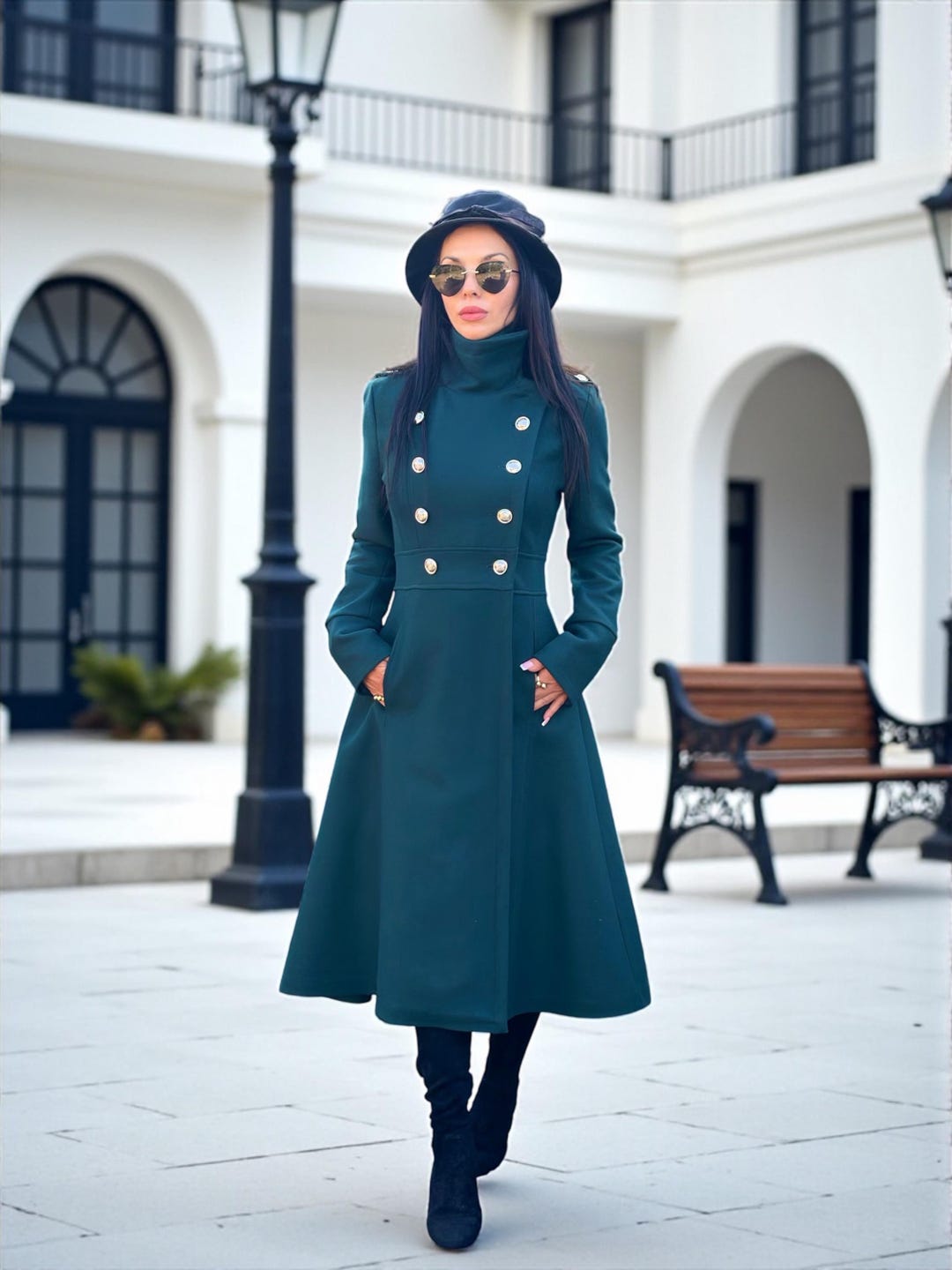 エメラルドグリーンのウールコート | 100%ウール 総裏地付きロング丈