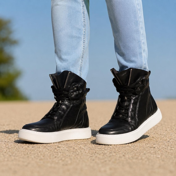 Men’s Black Leather Sneaker Boots, High Top Leather Sneakers, Handmade Designer Sneakers, Casual Leather Boots for Men
