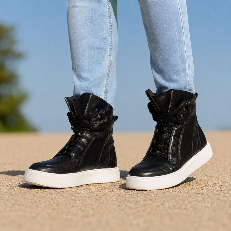 Men’s Black Leather Sneaker Boots, High Top Leather Sneakers, Handmade Designer Sneakers, Casual Leather Boots for Men image 1