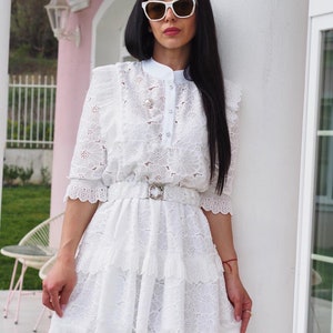 White Lace Summer Dress – Elegant Short Sleeve Button-Down Mini Dress with Belt – Feminine Tiered Eyelet Dress for Parties & Vacations