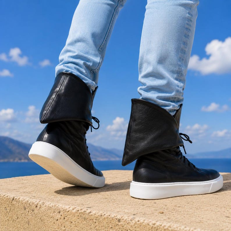 Herrsneakers i äkta läder, herrskängor i läder, svarta läderstövlar för män, handgjorda herrstövlar, höga herrsneakers i läder bild 3