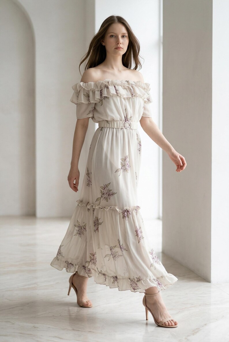 May include: An off-the-shoulder maxi dress in a light cream color featuring a delicate purple floral print. The garment includes a ruffled neckline, a matching fabric belt with a rectangular buckle at the waist, and a ruffled hemline.