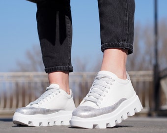 White genuine leather sneakers/woman genuine leather sneakers/extravagant genuine leather sneakers