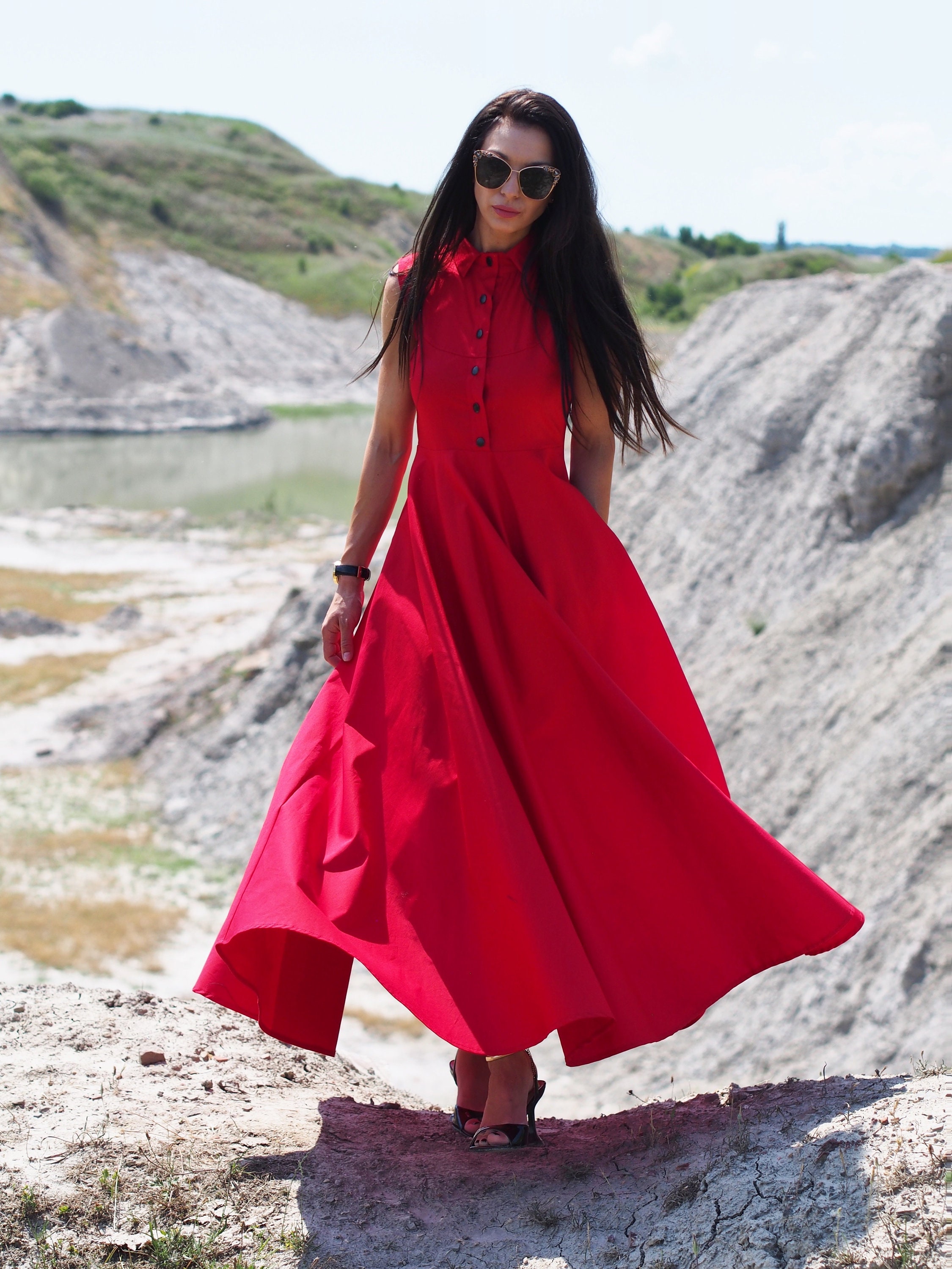 ladies red casual dress Ladies Retro Red Slip Dress with Shawl 2-Piece Autumn Casual Outfit