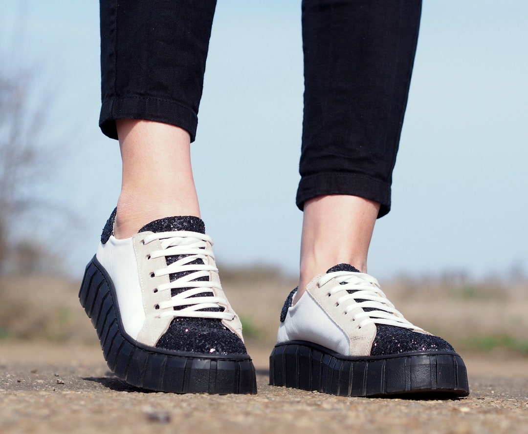 Women Genuine Leather Sneakers,black and White Leather Sneakers,women