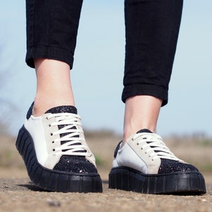 Women genuine leather sneakers,Black and white leather sneakers,women sneakers,extravagant leather sneakers