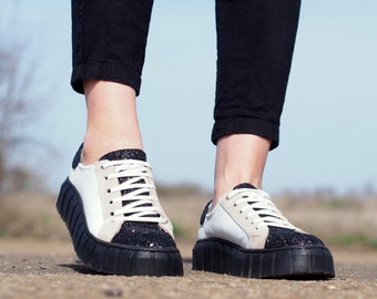 Women genuine leather sneakers,Black and white leather sneakers,women sneakers,extravagant leather sneakers