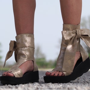 Women's Genuine Leather Summer Boots,Gold leather summer booties,Leather Sandals for women,Leather wedges sandals,Peep Toe Boot image 4