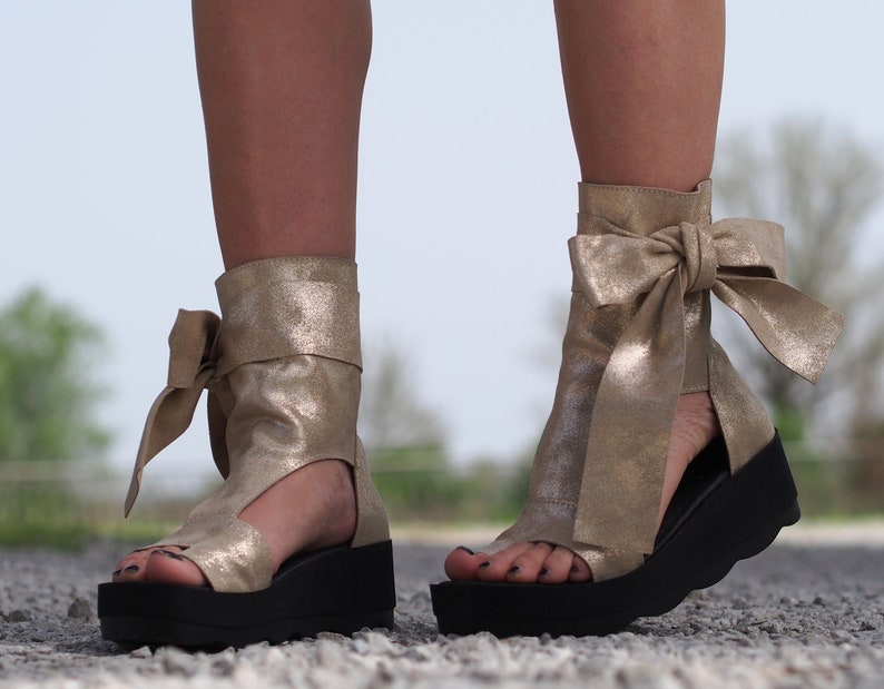 Women's Genuine Leather Summer Boots,Gold leather summer booties,Leather Sandals for women,Leather wedges sandals,Peep Toe Boot image 4