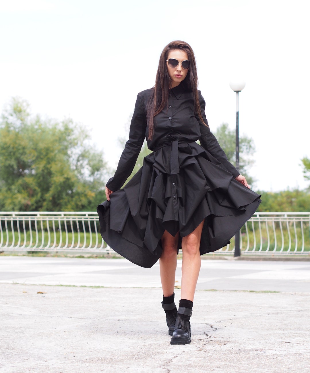 black flared shirt dress Black Flared Shirt Dress with Sleeves - Loose Fit Cotton Oversized Dress
