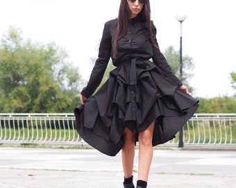 Black Flared Shirt Dress with Sleeves – Loose Fit Cotton Oversized Dress – Casual Button Down Summer Dress for Women