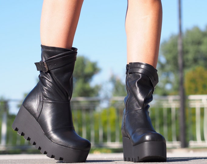 Extravagant Black Genuine Leather Boots,Women's Leather Boots,Leather platform boots,Must have wedges,Leather boots for women,winter boots