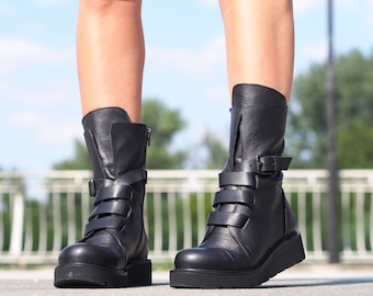 Black genuine leather boots, Women genuine leather boots, Winter genuine leather boots for women, extravagant leather boots