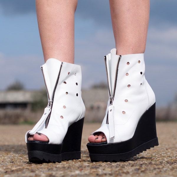 Womens Genuine leather summer boots,White Platform summer bootiess,Women open toe wedges,White leather summer boots,Women Leather Wedges