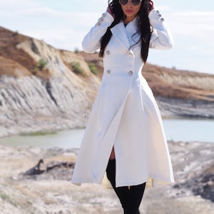 White Wool Coat – Long Winter Overcoat – Women’s Elegant Full Length Wool Trench with Double Breasted Design – Maxi Winter Coat