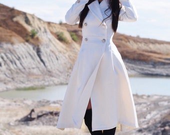 White Wool Coat – Long Winter Overcoat – Women’s Elegant Full Length Wool Trench with Double Breasted Design – Maxi Winter Coat