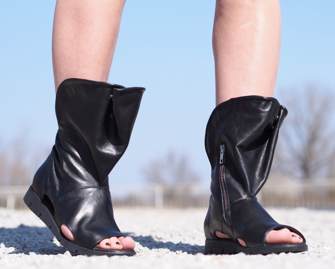 Stivali estivi in vera pelle da donna, stivaletti in pelle nera con punta 