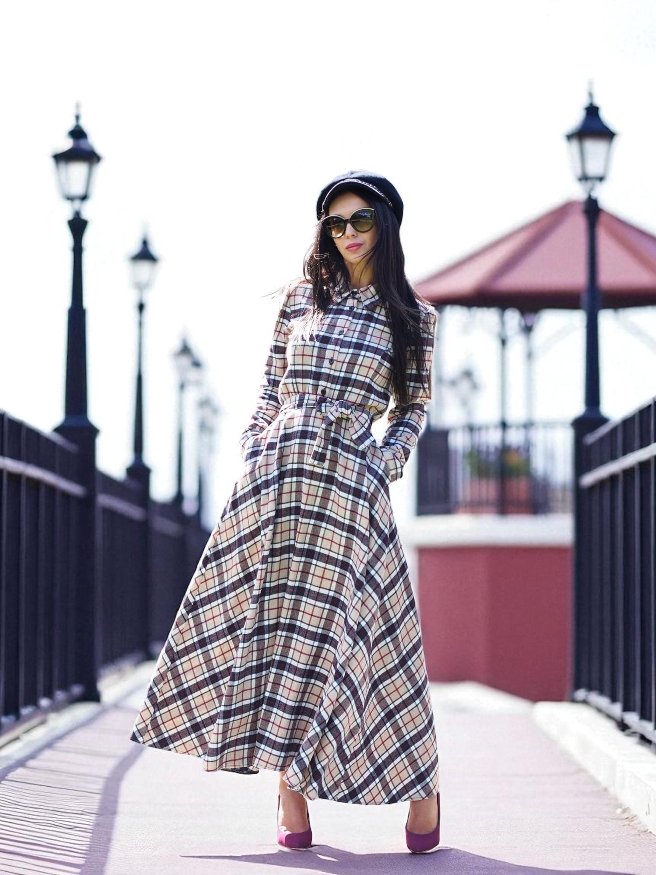 Plaid Cashmere Maxi Shirt Dress – Soft Flannel Look Long