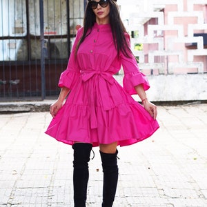 Hot Pink Ruffle Dress – Button-Up Cotton Mini Dress with Waist Tie – Bright Poplin Dress with Flared Sleeves – Chic Casual Style
