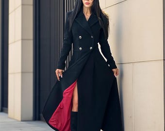 Long Black Wool Coat with Red Lining | Handmade Winter Coat Women | Designer Wool Coat