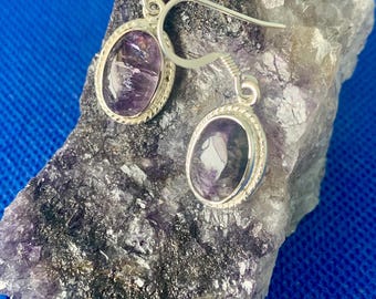 Blue John oval earrings set with a silver twist frame sterling silver medium Natural stones mined in derbyshire U.K. set in sterling silver