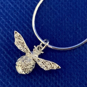 Bee sterling silver embossed small pendant and sterling silver chain 46cms Art Nouveau in style