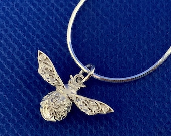 Bee sterling silver embossed small pendant and sterling silver chain 46cms Art Nouveau in style