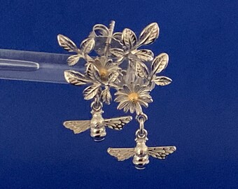 Daisy and bees leafy drops sterling silver gold plated  .925 silver with  gold overlay.
